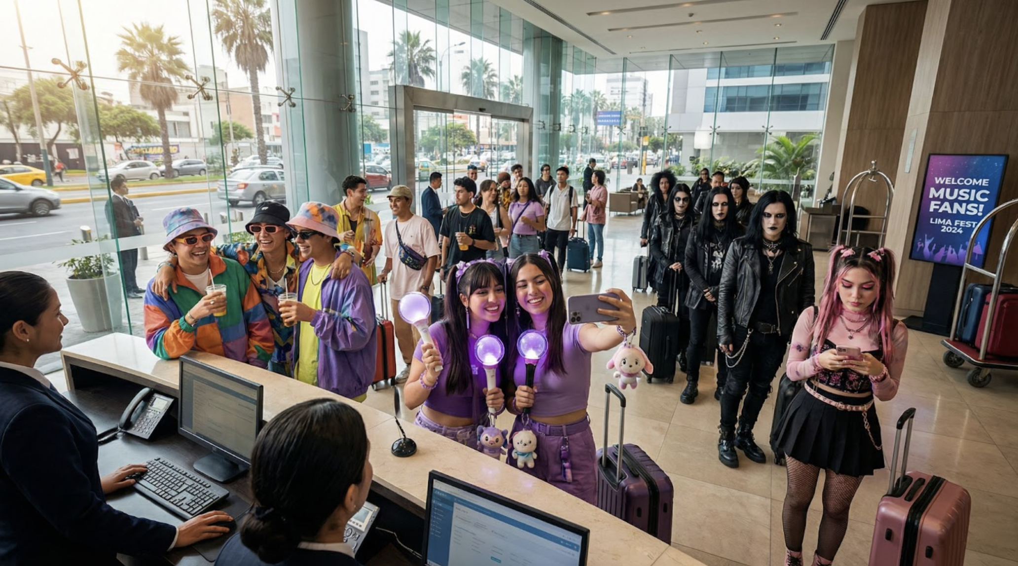 Collage de huéspedes en lobby de hotel con estilos urbano, rock y k-pop representando la temporada de conciertos Lima 2026